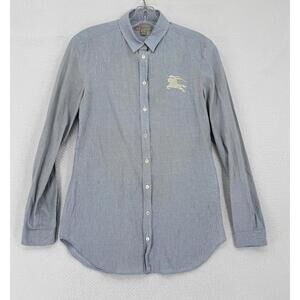 Burberry Brit Womens Blue Striped Equestrian Logo Long Sleeve Button Top Sz XS